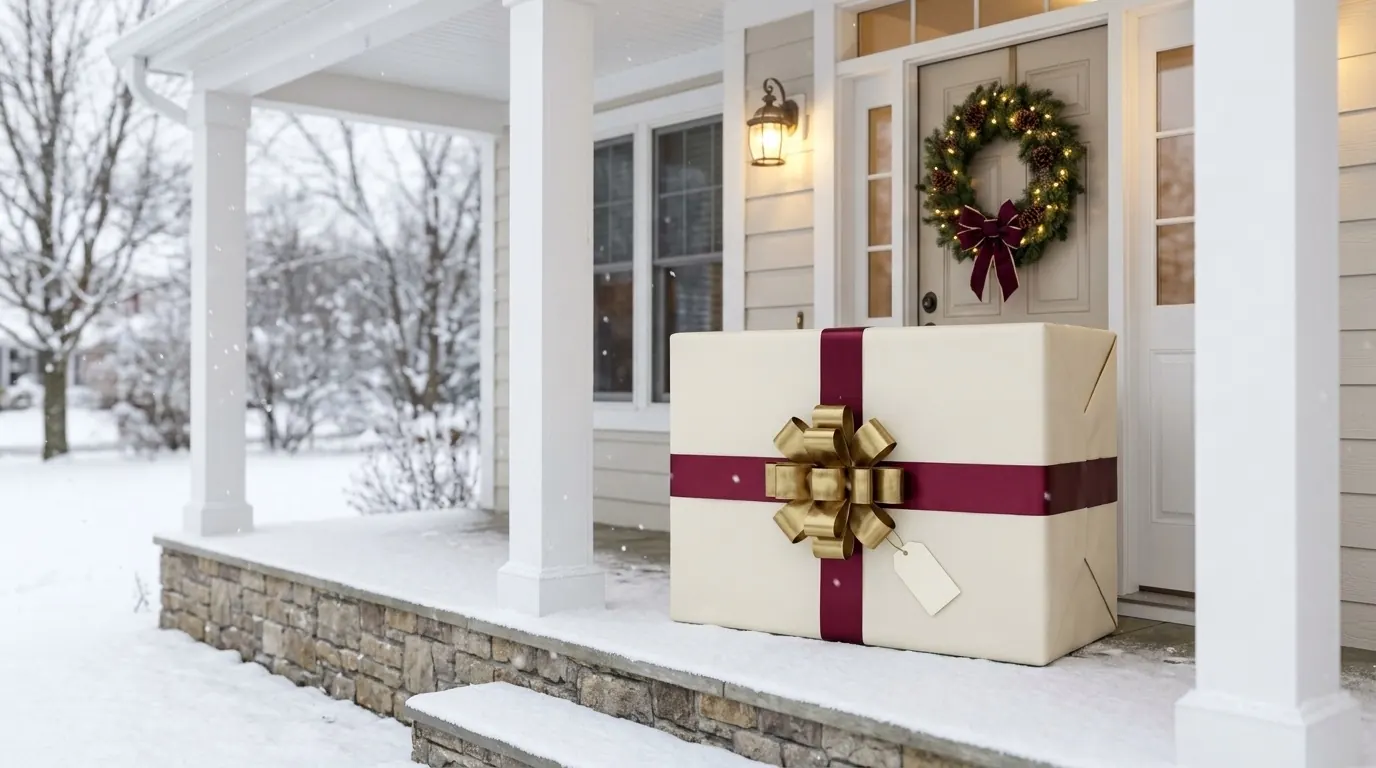 Large gift-wrapped box with a burgundy ribbon and gold bow on a snowy porch