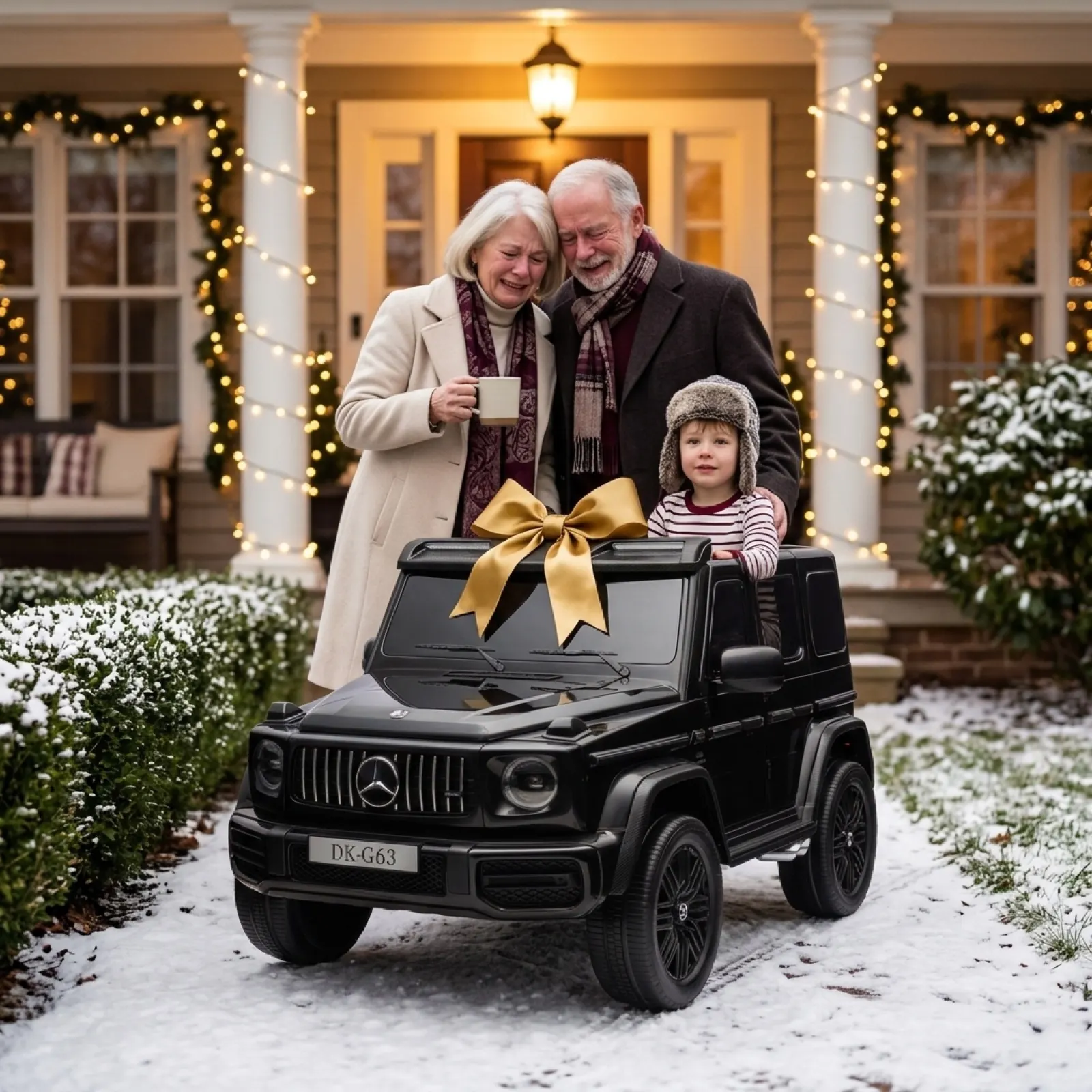 Grandparents moved as their grandson sits in a black licensed Mercedes G-Wagon ride-on with a gold bow