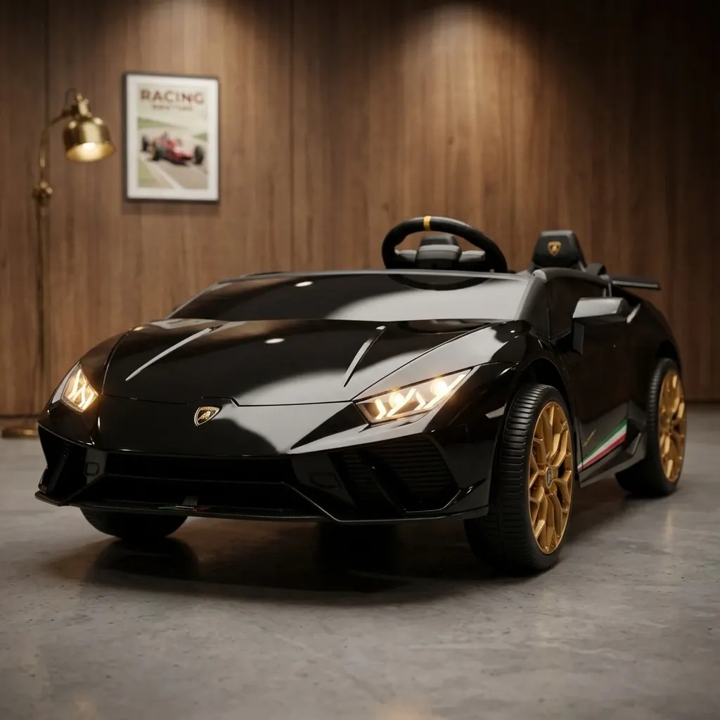 Black licensed Lamborghini Huracán kids ride-on with gold wheels in a collector's garage