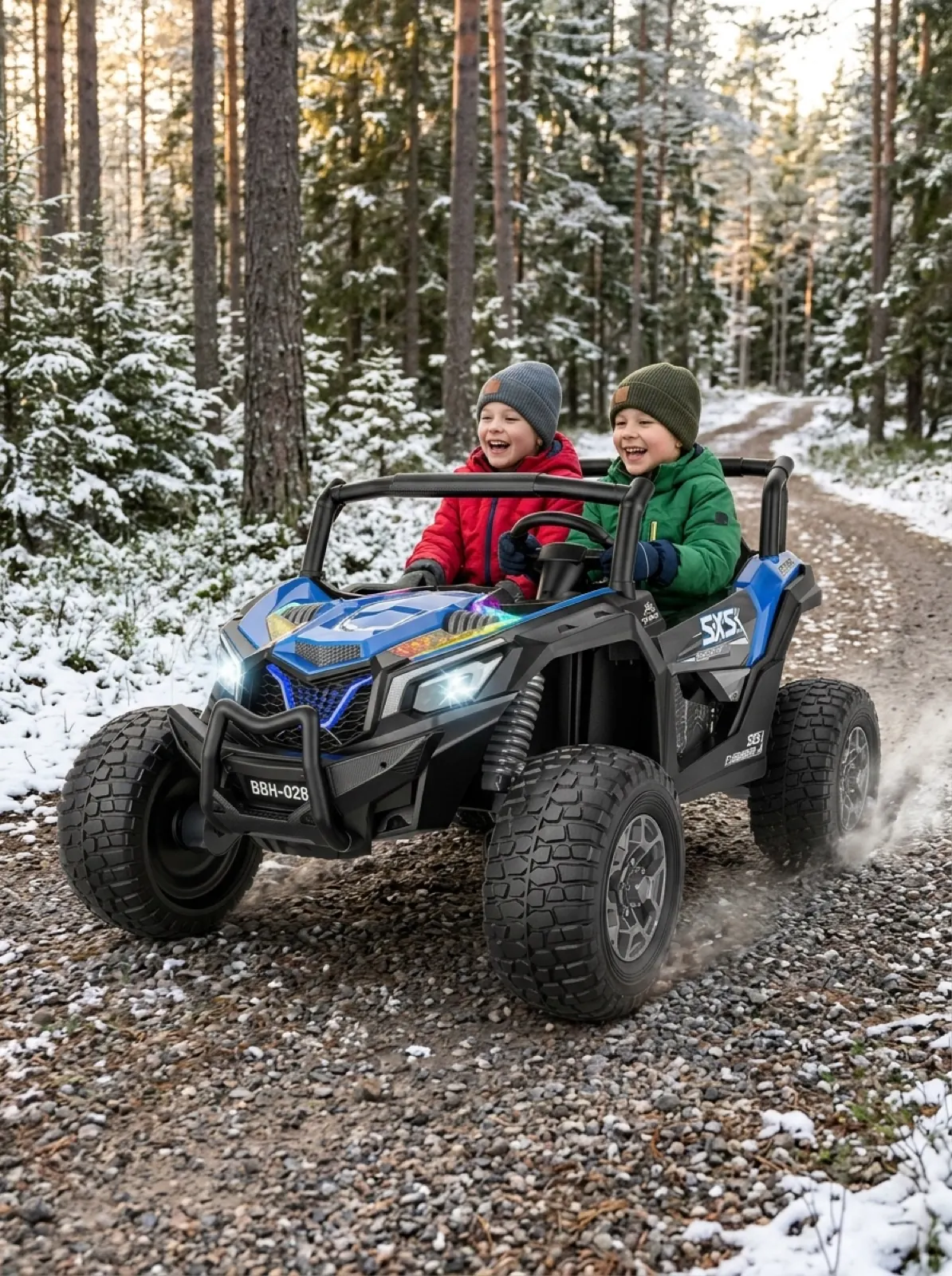 Two kids driving a 2-seater ride-on UTV on a snowy forest trail