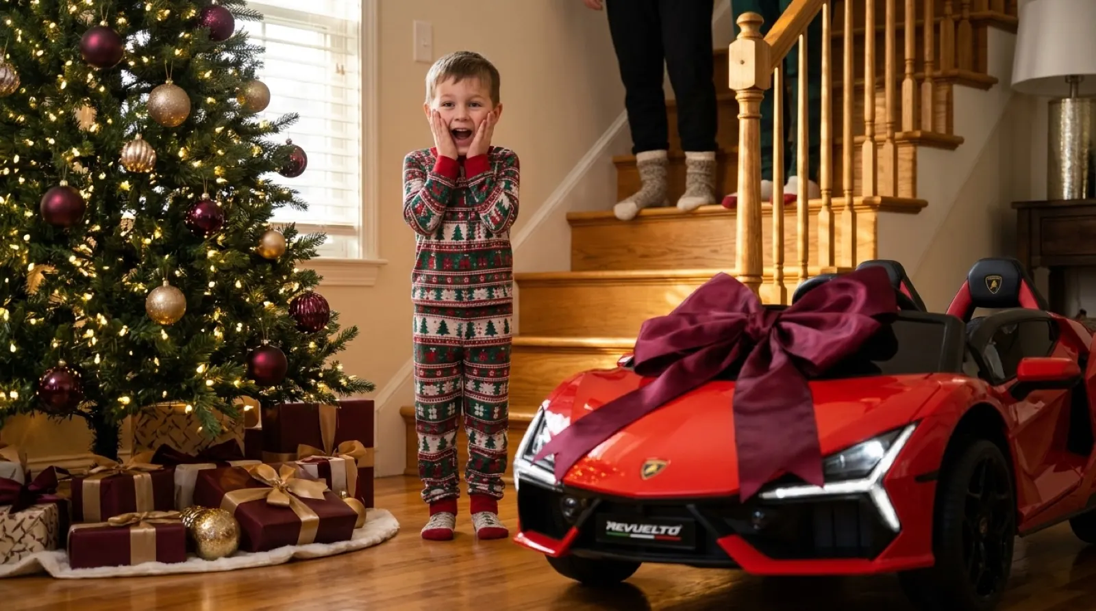 Boy in pajamas amazed as he discovers a red licensed Lamborghini ride-on on Christmas morning